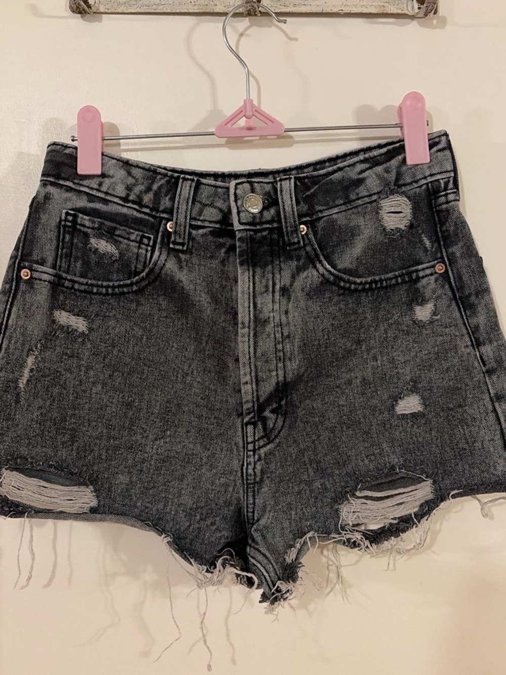 High-Waist Distressed Black/Grey Denim Shorts